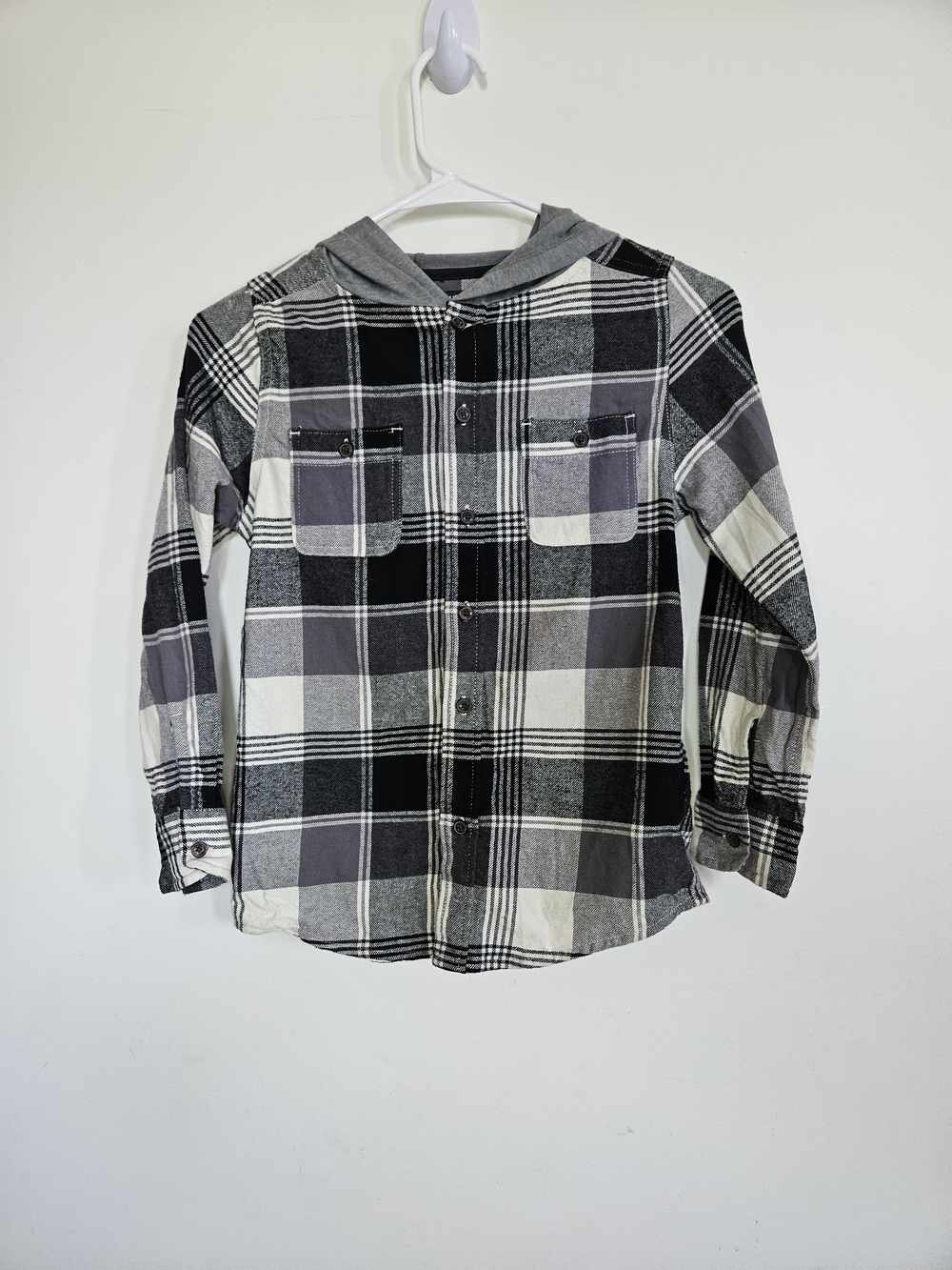 OshKosh B'gosh Boys Black Grey Plaid Hooded Flannel Shirt Size 10